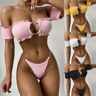 China 2021 New Style Breathable Iron Body Chain Split Swimwear Short Sleeve Sexy Solid Women Bikini for sale