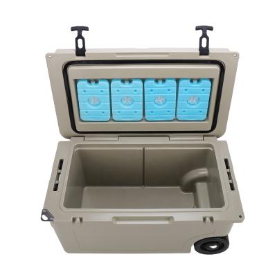 China New 2021 Roto waterproof outdoor 55 liter molded cooler for camping with wheels and handles ice packs for sale