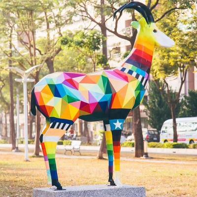 China Hand Painted Colorful Geometric Europe Pop Artwork Fiberglass Deer Sculpture For Indoor And Outdoor Display for sale