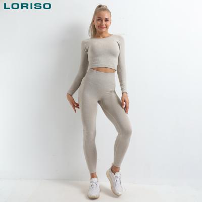 China 2021 Good Quality Breathable Seamless Gym Wear Yoga Leggings And Ribbed Long Sleeve Plus Size Yoga Seamless Set for sale