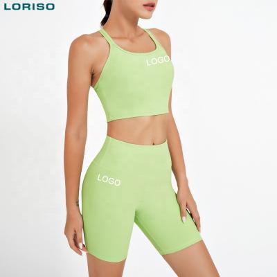 China 2022 Women Antibacterial Green Cross Top Set Shorts. yoga biker shorts yoga casual two piece sets for sale