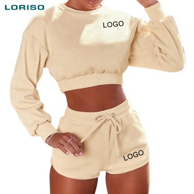 China 2021 Private Label Women Fashion Long Sleeve Breathable Short Gym Two Piece Fitness Clothing Set 2 Pcs Casual Sports Shorts Sets for sale