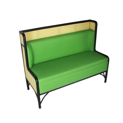 China Modern Metal Rattan Frame And PU Cushion Upholstered Leather Restaurant Furniture Green Soft Seat for sale