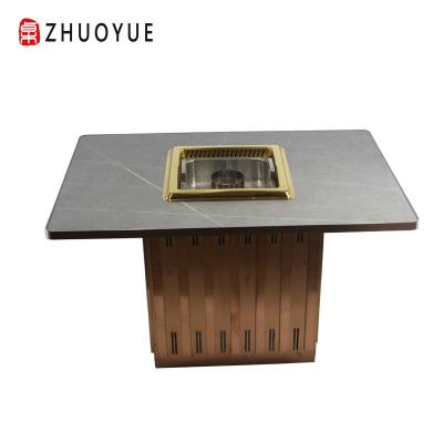 China Modern Manufactures Marble And Rose Stainless Steel Smokeless Desk Frame For Restaurant Hot Pot Table for sale