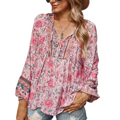 China 2022 autumn fashion QUICK DRY QUICK DRY women tied romantic holiday printed blouse women for sale