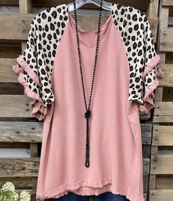 China Ladies 2021 fashion leopard print ruffle QUICK DRY copy ruffle top shorts round sheath stitching printed T-shirt for sale