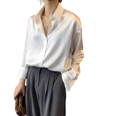 China QUICK-DRY QUICK-DRY silk satin shirt women design spring slit light familiar sense of loose OL white Korean version of the shirt 2022 cold wind for sale