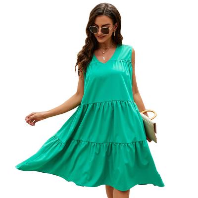 China 2022 Summer Women's Anti-Static Pleat Solid Color V-Neck Sleeveless Bohemian Dress for sale