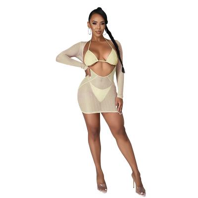 China Simple Satin Slit Strap Dress Sexy Ladies Slim Fit Rhinestone Bikini Set Sunscreen Sunshade Bikini Three Piece Set for sale