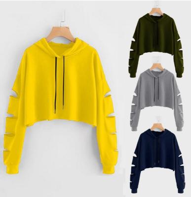 China Autumn New Style Ladies Solid Color Shorts Breathable Long Sleeve Hole Sweater Hooded Pullover Hoodie for sale