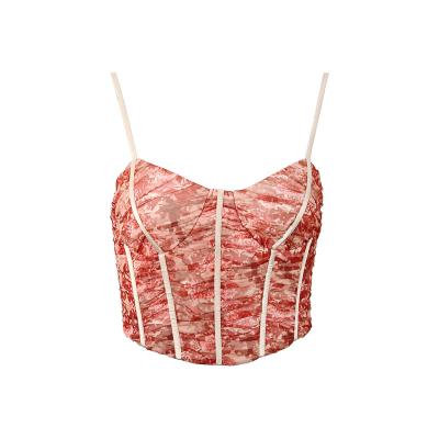 China 2022 Summer Breathable V-neck Women's Trendy Sexy Crop Tops Sleeveless Patchwork Mesh Top Lady Fashion Red Spaghetti Strap Lace Print for sale