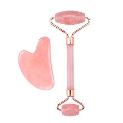 China 2021 ROSE beauty newcomer face-lift Jade Roller Pink Quartz Roller Gua Sha placed Jade Face-Slimming Slim-Neck Double-headed Massage Tool for sale