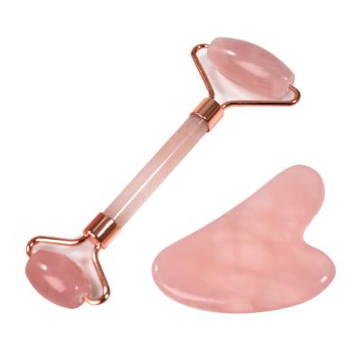 China PINK Face-Slimming Beauty Quartz Roller Gua Sha Set Jade Scuff Board Face-Slimming Massage Tool Dual-Headed Massage Roller Beauty Facial for sale