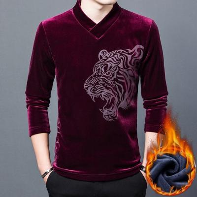 China Autumn and winter new plush velvet men's gold sweater men's QUICK-DRY leisure trend printed warm long sleeve men's bottom shirt for sale