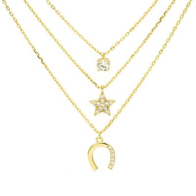 China Trendy Moon Star Chain Luxury Three Layers Pendant Necklace Set Multilayer Gold Plated Necklace for sale