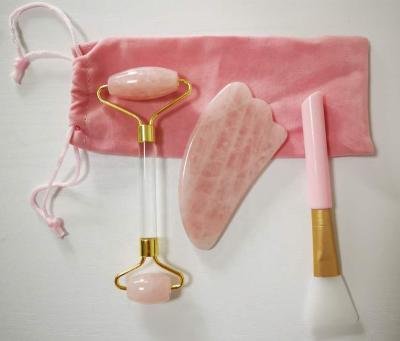 China 2018 Hot Selling Amazon Facial & Body Massager 3 In-One Rose Quartz Jade Roller & Gua Sha Massager Kit for sale