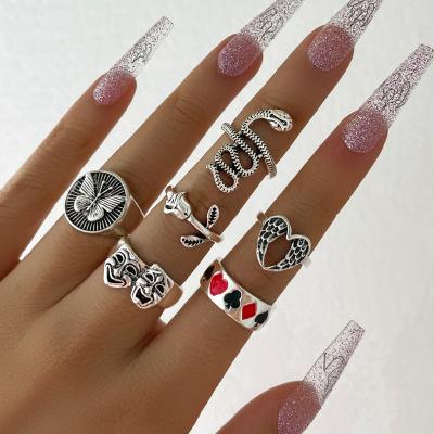 China Silver Plated Alloy Vintage Enamel Heart Snake Rings Butterfly Face 6 Pcs Set Jewelry Rings For Women for sale