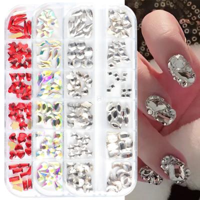 China Eco-friendly Material 12 Boxes Set Special Shaped Flat Diamond Red And White Glass 3D Diamond Nail Stickers DIY Accessories for sale