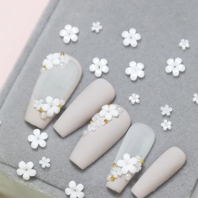 China 2022 New Mini Five-petal 3D Floral Ornament Manicure Decorative Material Diamond White Cute Flower Eco-friendly Nail With Steel Ball for sale