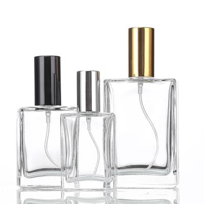 China Cosmetic Empty gold silver black lid cosmetic packaging storage container 15ml 30ml 50ml refilled square glass perfume spray bottle for sale