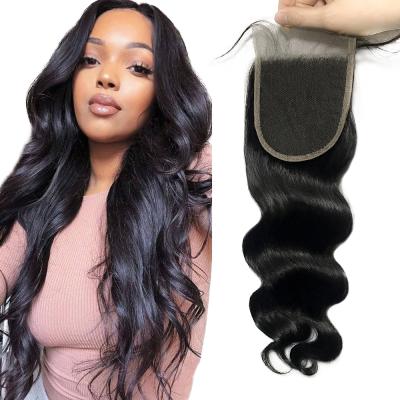 China Hot Selling 100% Virgin Human Hair Pre Plucked Soft Lace Closure, Cuticle Aligned Swiss Lace Closure Medium Brown Body Wave 4x4 for sale