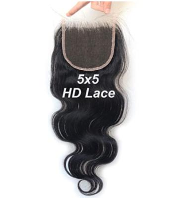 China Body Wave 5x5 HD Lace Closure Virgin Human Hair Body Wave Pre Plucked 5x5 Swiss Lace Closure With Baby Hair Bleached Knots Natural Color for sale