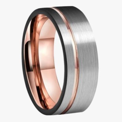 China Romantic Rose Gold Line Grooved Flat Style Tungsten Carbide Wedding Ring for sale