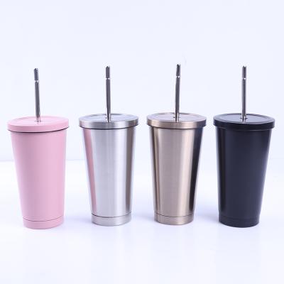 China Sustainable Durable Stainless Steel Travel Tumbler with Lid and Metal Straw, Stainless Steel Straw Tumbler, Traveler Double 16oz Wall Tumbler for sale