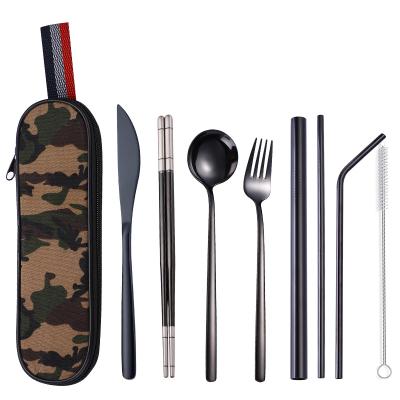 China 9 Pieces Sustainable Sustainable Portable Camping Travel Stainless Steel Flatware Set Reusable/Outdoor Stainless Steel Flatware Set With Travel Case for sale