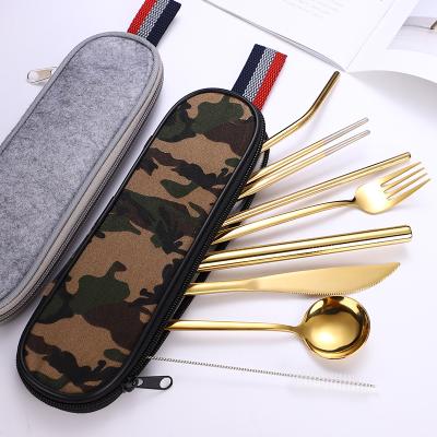 China Wholesale 9 Pieces Silverware Travel Sustainable Reusable Utensils With Case, Portable Stainless Steel Flatware Camping Cutlery Set With Meta for sale