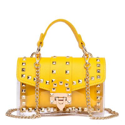 China 2021 Fasion Rivet Jelly Fashionable Pvc Transparent Chain Small Square Women Bag Cross Shoulder - Body Bag for sale