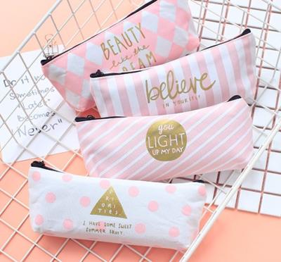 China Small Fresh Fashion Fashion Pencil Bag Pink Stripe Printed Zipper Lock Canvas Fashion Pencil Bag for sale