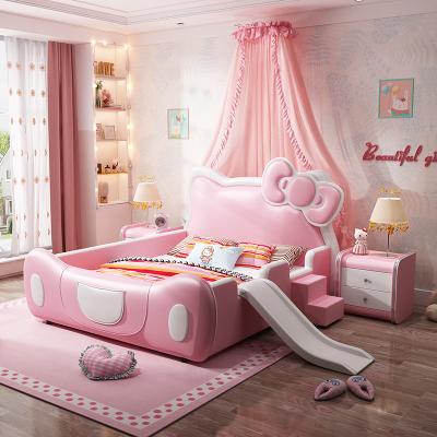 China Pink Multifunctional Solid Wood Bed Environmental Material Baby Crib Playpen and Baby Crib Bed with Slide and Stairs Kids House for sale