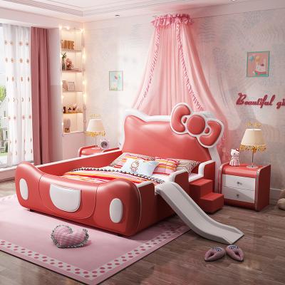 China Environmental Material Red Leather Kids Girls Bed Princess Multifunction Baby Small Bed with Slide and Stairs Solid Wood Bed with Safety Guardrail for sale