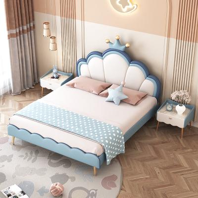 China Factory Price Environmental Material Warm Sky Blue Leather Kids Girls Bed Solid Wood Kids Bed Piece Set for sale