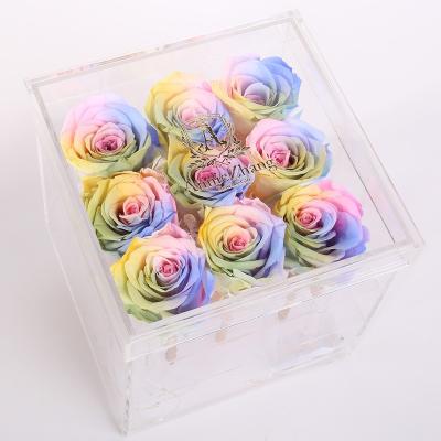 China America hot sale single flower forever rose 4-5cm everlasting everlasting flower in acrylic box for sale