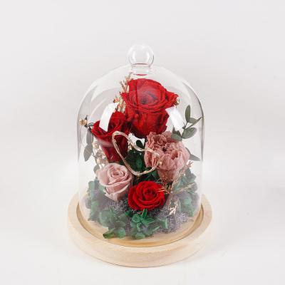 China Valentine's Day Real Eternal Rose Wholesale With LED Light In Glass Dome High Quality Preserved Rose Perfect Birthday Valentines Day Gifts for sale