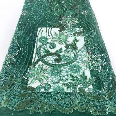 China Big Sale Breathable Luxury French Lace Fabric Trim Green Color With Beads And Sequins Embroidery Nigeria Tulle Lace Fabric For Dress Dress for sale