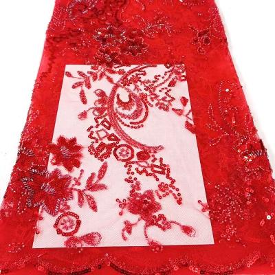 China Factory New Breathable Fresh Leaf Leaves Pattern African Bridal Lace Fabric Sequin Bridal Lace Fabric Red Sequin Beaded Embroidery Fabric for sale