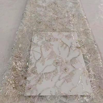 China Factory Supplier Breathable Bridal Machine Beaded Sequin Adorn Flowering Plants Embroidered Lace For Wedding Bridal Dresses for sale