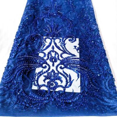 China Breathable French Luxury Handmade Beaded Blue Mesh Embroidery Pearls Soft Tulle Lace Fabric For Evening Dress for sale