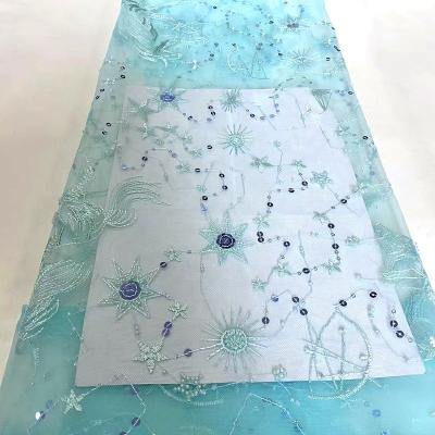 China 2022 New Design Cute Kids Pattern Breathable Light Blue Sequins Embroidery Beads Soft Tulle Fabric For Children's Skirt for sale