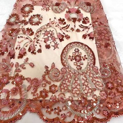 China High End Nigeria Latest Festival Dress Breathable Floral Floral Lace Fabric Nigerian Embroidery Beaded Sequins African Lace Dress for sale