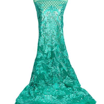 China Wholesale Customized 100% Breathable Shaoxing Polyester Embroidery Fabric 3D Mesh Cord Embroidery Green Sequins For Wedding for sale