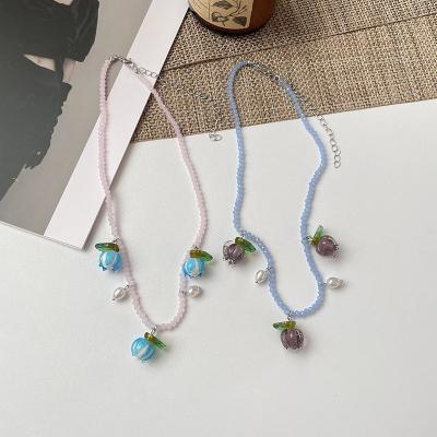 China Retro Crystal Beaded Glass Lily Orchid Necklace Casual/Sporty Small Pendant Necklaces Cool Jewelry for sale