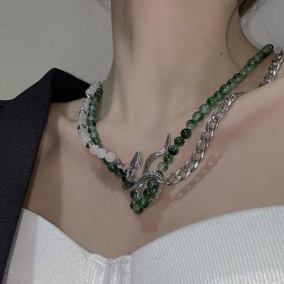 China Punk Snake Shaped Chain Green Crystal Natural Stone Double Layer Clavicle Necklace Sweater Wrapping Splicing Beaded Chain New for sale