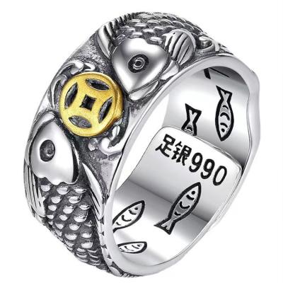 China Punk Wholesales 990 Lucky Fortune Gold Dragon Fish Personality Copper Silver Luxury Men's Rings for sale