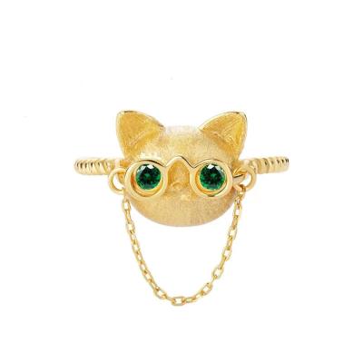 China Punk 2022 Women's Gold Emerald Ring Cute And Playful Open Doctor's Glasses Cat Ring for sale