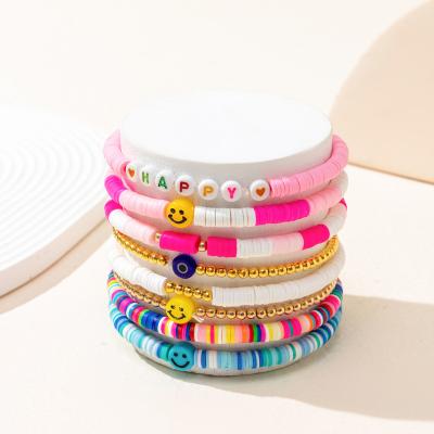 China Amazon Y2K BOHEMIA Style Hot Selling Bohemian Bracelet Set Soft Color Pottery Smile Heart Bead Jewelry for sale