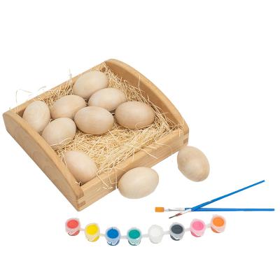 China DIY Eco-friendly Preschool Unfinished Wooden Eggs To Paint Unpainted Easter Egg Set With Stand And Pigments For Kids Toys for sale